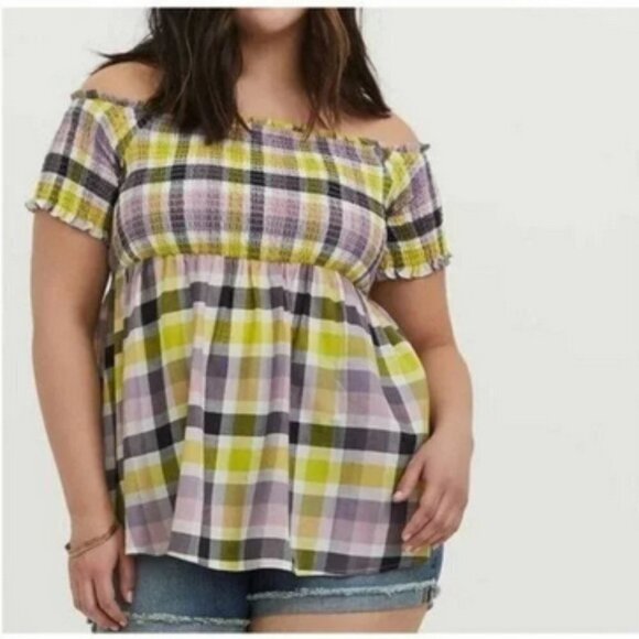 Torrid‎ Multi Plaid Smocked Off The Shoulder Peplum Top Lightweight 4X - Picture 1 of 10